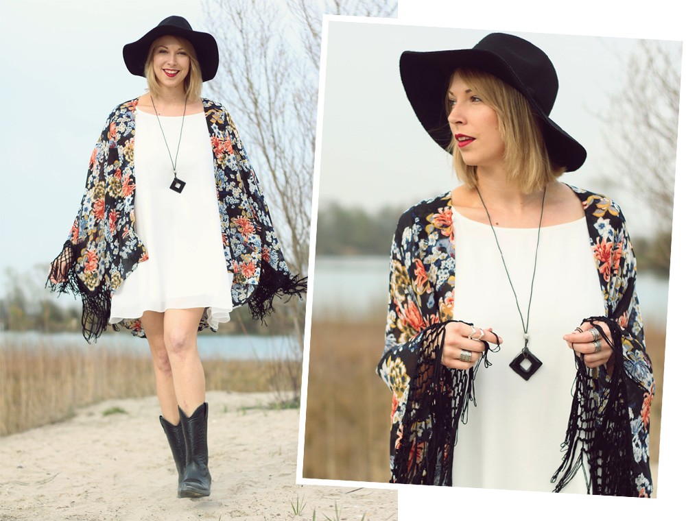 Fashionblogger Outfit Kimono weisses Kleid Cowboystiefel Schlapphut (1)