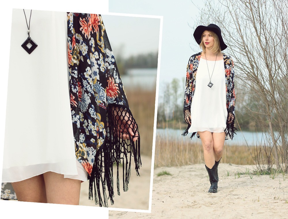 Fashionblogger Outfit Kimono weisses Kleid Cowboystiefel Schlapphut (16)