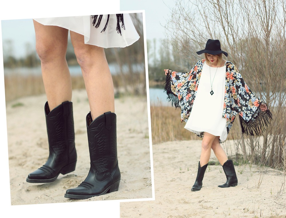 Fashionblogger Outfit Kimono weisses Kleid Cowboystiefel Schlapphut (2)