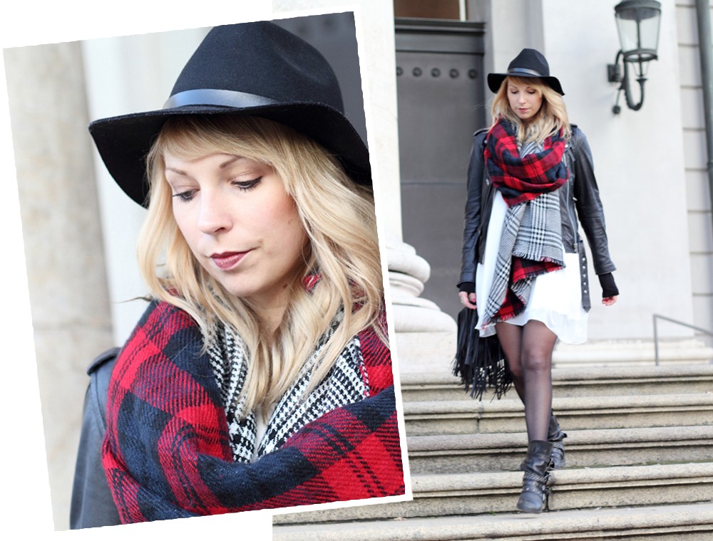 Fashionbloggerin Karlsruhe Outfit München weisses Kleid karierter Schal Lederjacke Hut Fransentasche 3