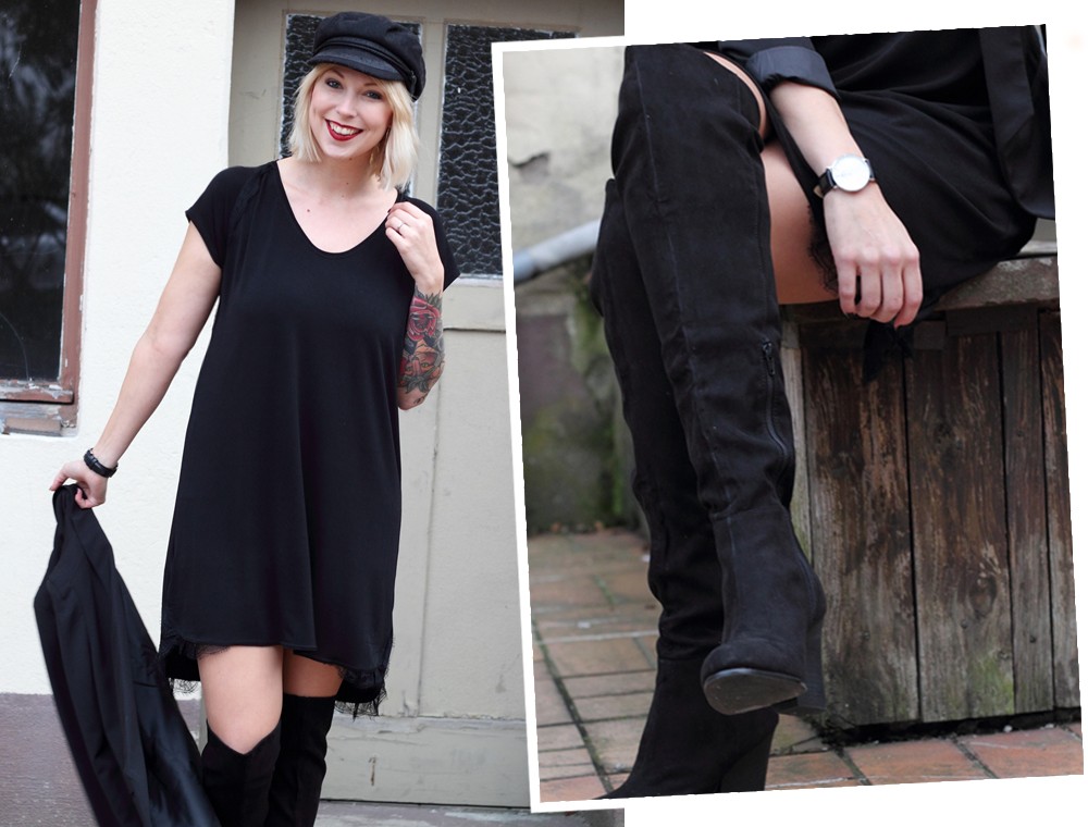 Fashionblogger Karlsruhe Outfit OOTD Kleid Blazer Overknees Mütze schwarz 1