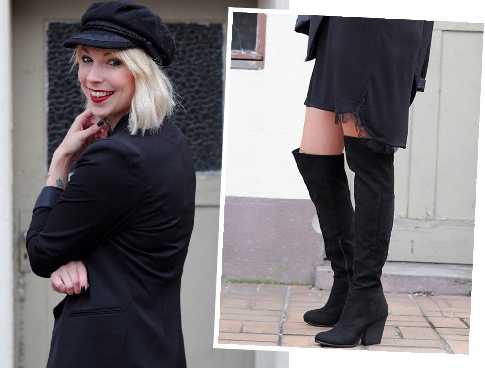 Fashionblogger Karlsruhe Outfit OOTD Kleid Blazer Overknees Mütze schwarz 10