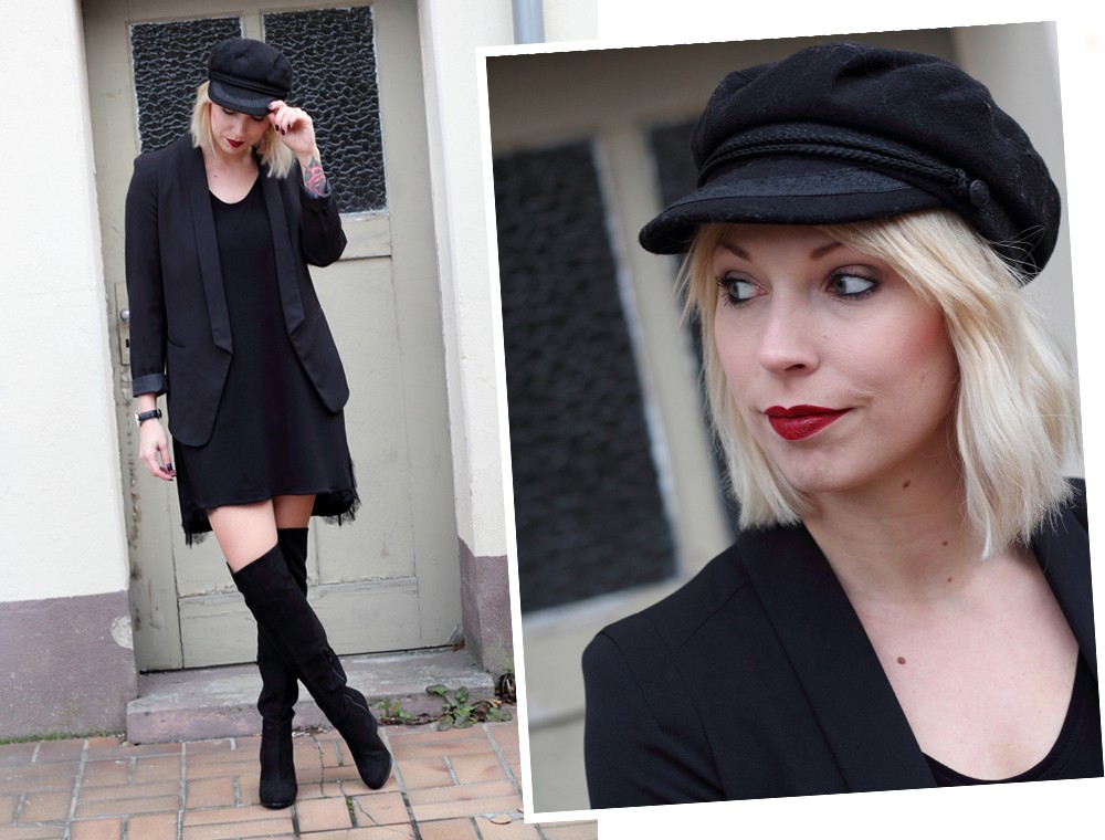 Fashionblogger Karlsruhe Outfit OOTD Kleid Blazer Overknees Mütze schwarz 8
