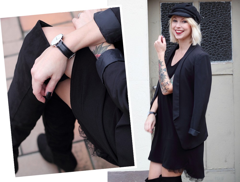 Fashionblogger Karlsruhe Outfit OOTD Kleid Blazer Overknees Mütze schwarz 9