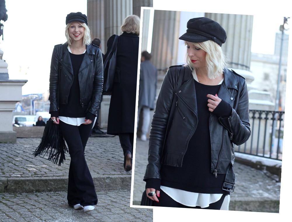 Outfit OOTD Berlin Fashion Week Flared Jeans Lederjacke Fransentasche Bakemütze 12