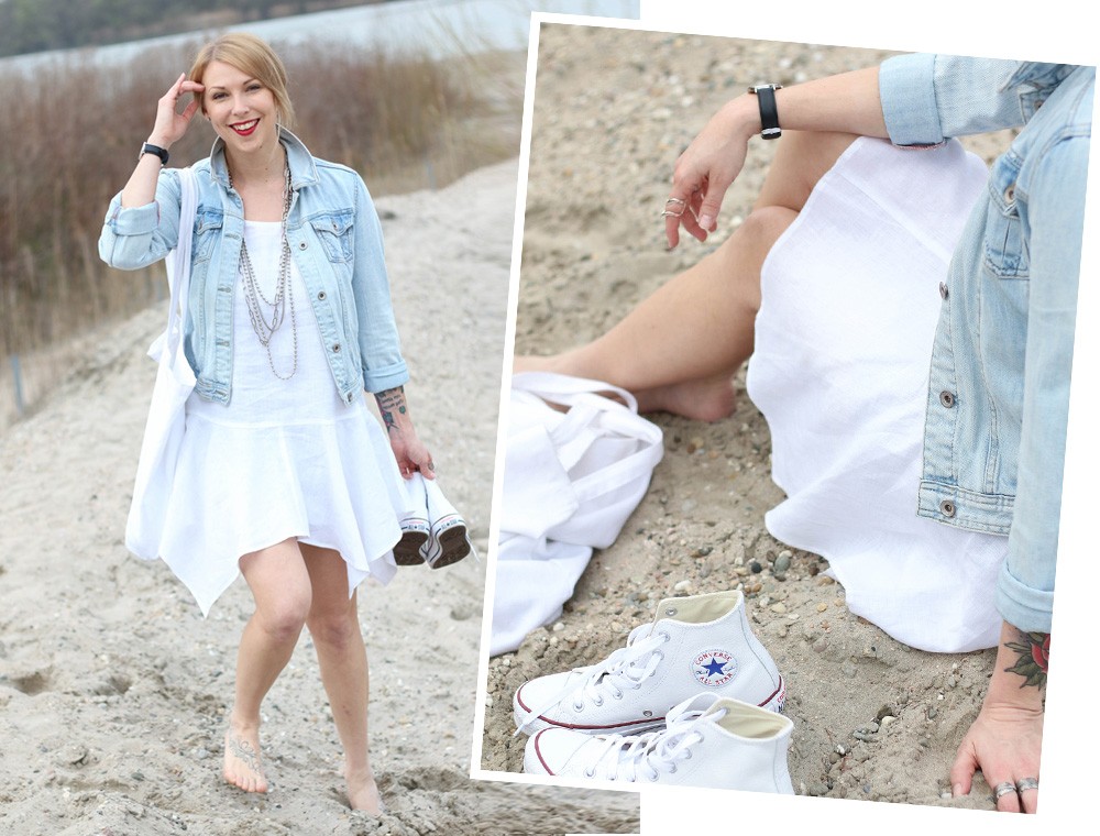 Fashionblogger Karlsruhe Outfit Strand weisses Kleid Jeansjacke Lederchucks (17)