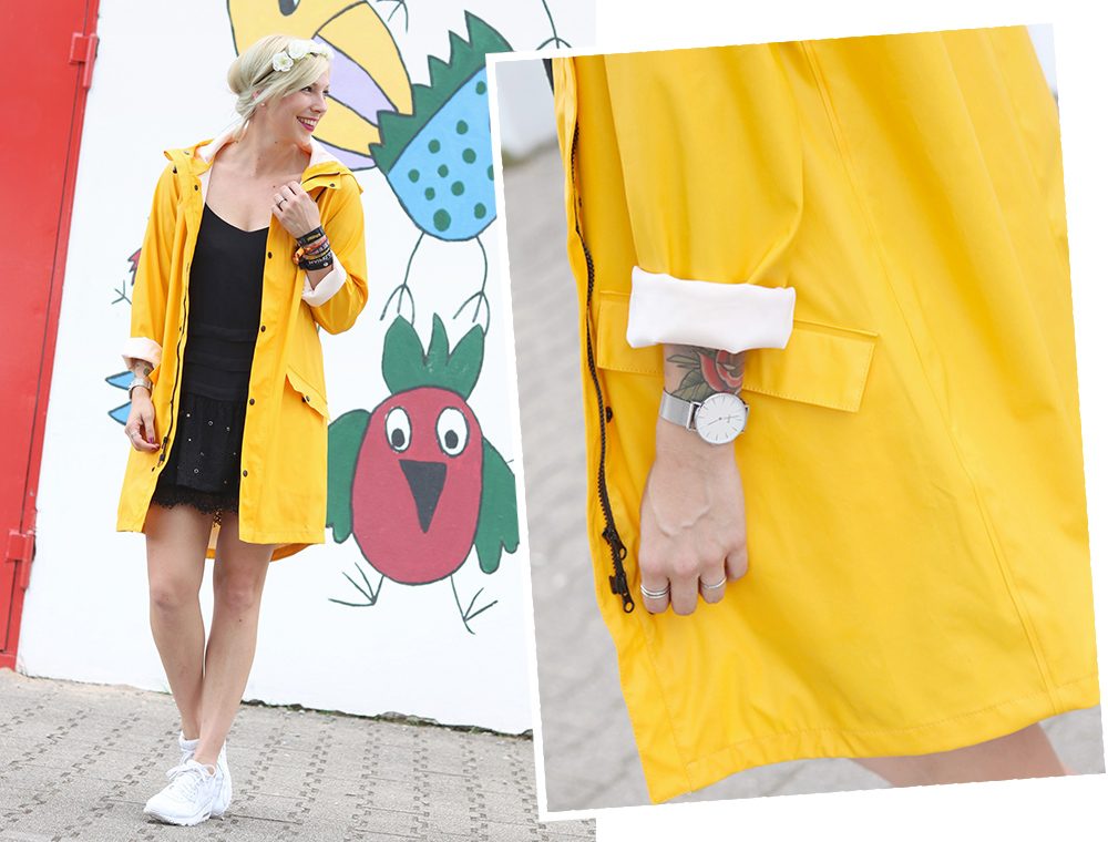 Fashionblogger Outfit Regenmantel gelb Vero Moda Kleid Mango Nike Air Max weiss (16)