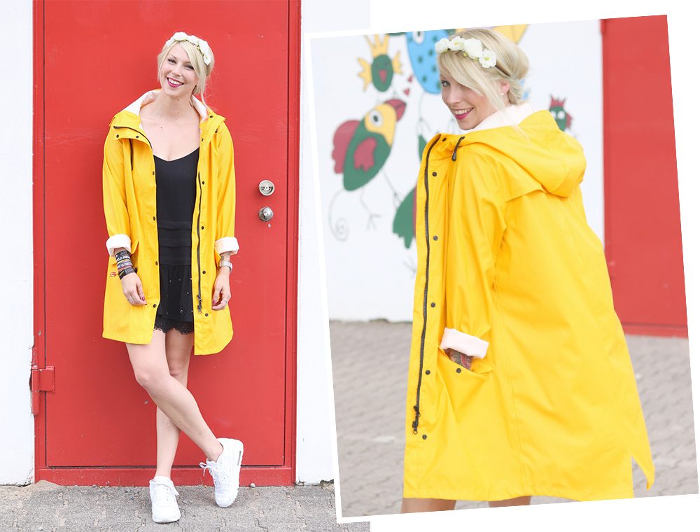 Fashionblogger Outfit Regenmantel gelb Vero Moda Kleid Mango Nike Air Max weiss (17)