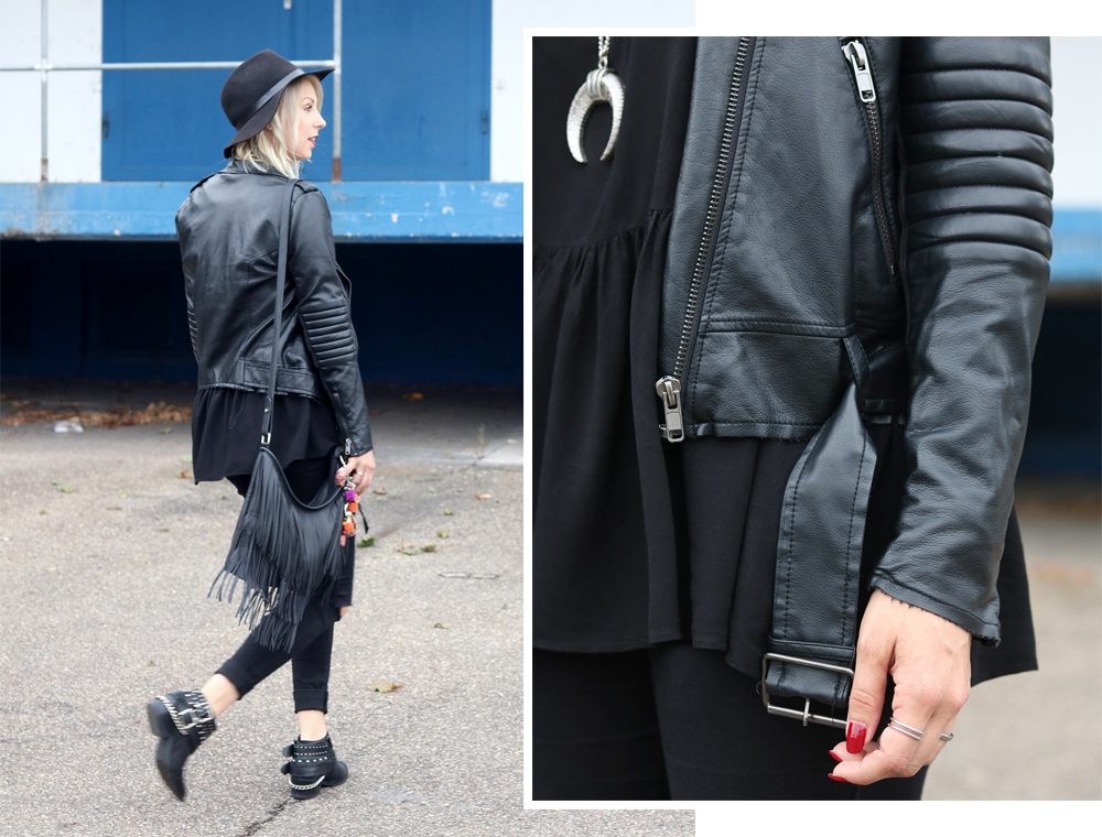 Fashionblogger Outfit all in black Jeans Lederjacke Hut Fransentasche Bikerboots (11)