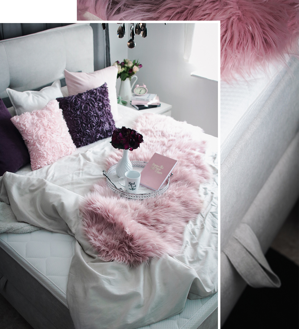 Schlafzimmer Interior Einrichtung grau rosa lila Boxspringbett Otto